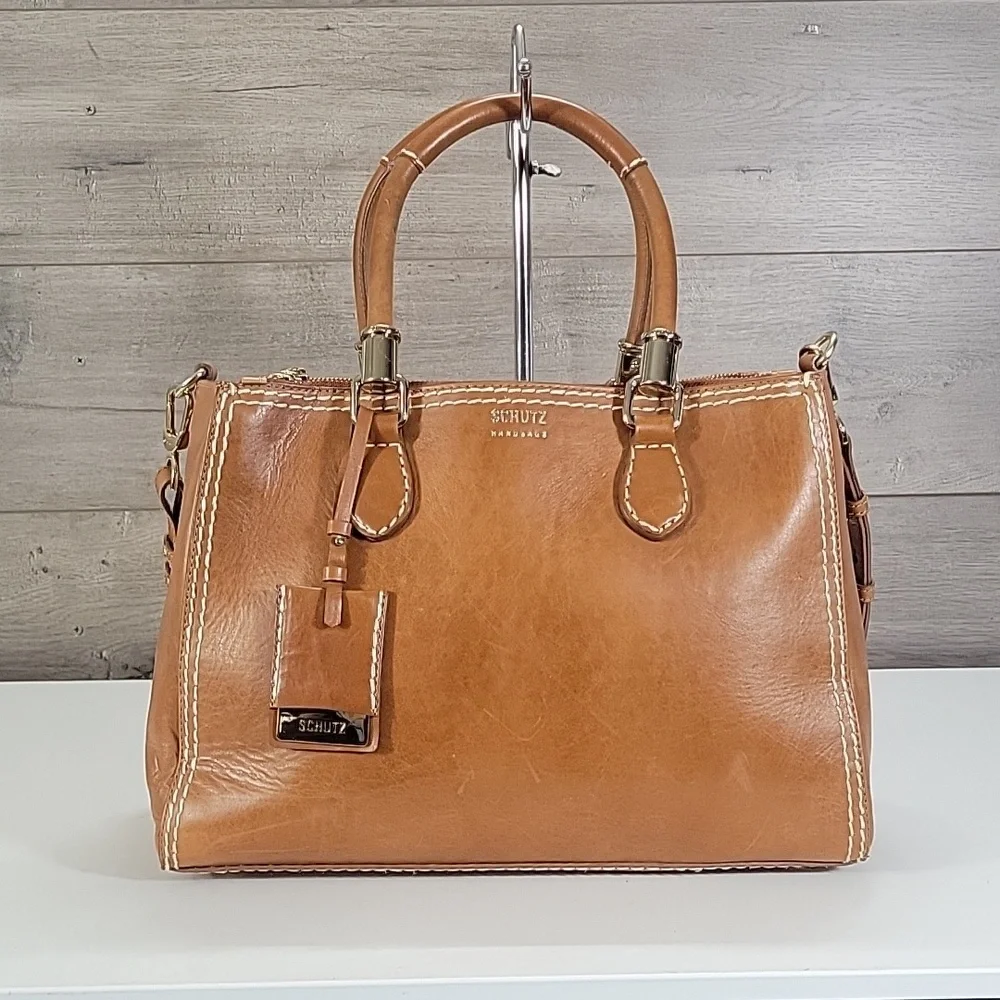 Schutz Tan Leather Top-Handle Satchel Crossbody Shoulder Bag